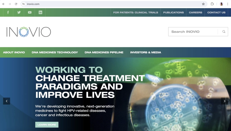 Screen Capture of Inovio Homepage