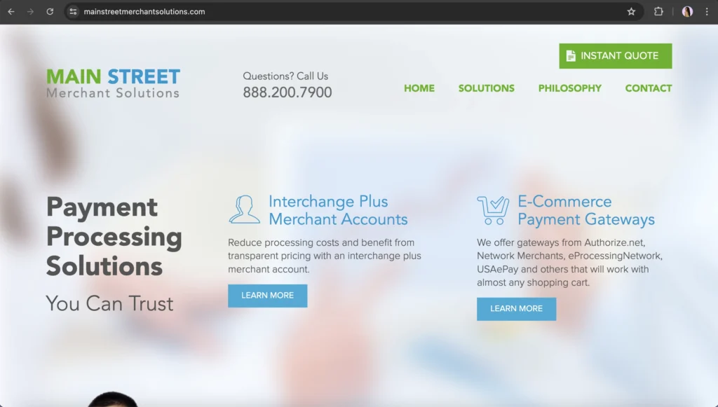 Screen Capture of Main Street Merchant Solutions Homepage