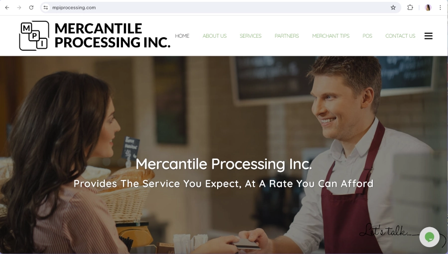 screen capture of the mercantile processing inc homepage