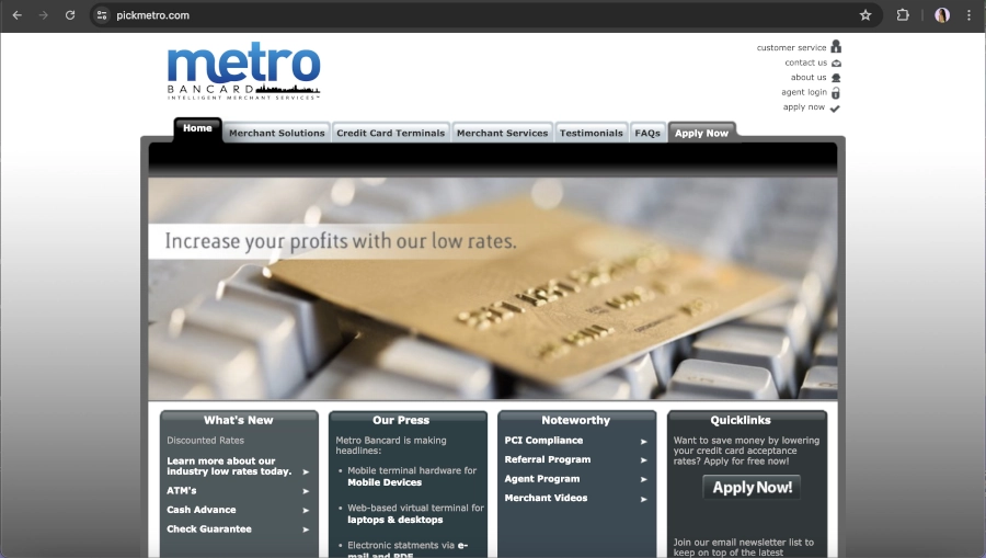 Screen Capture of Metro Bancard Homepage