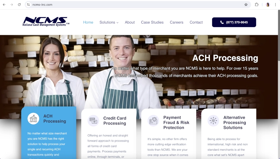 Screen Capture of National Cash Management Systems Homepage