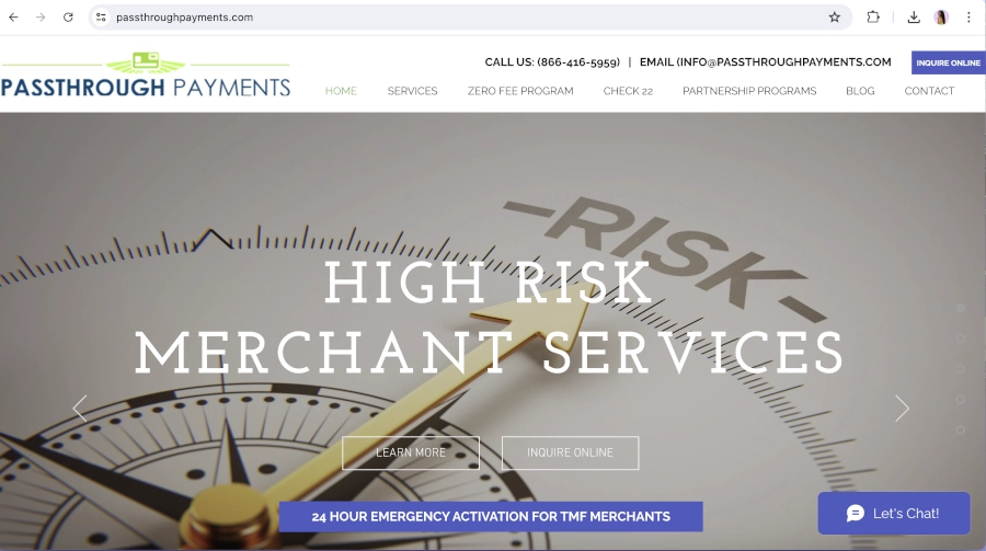 screen capture of the passthrough payments homepage