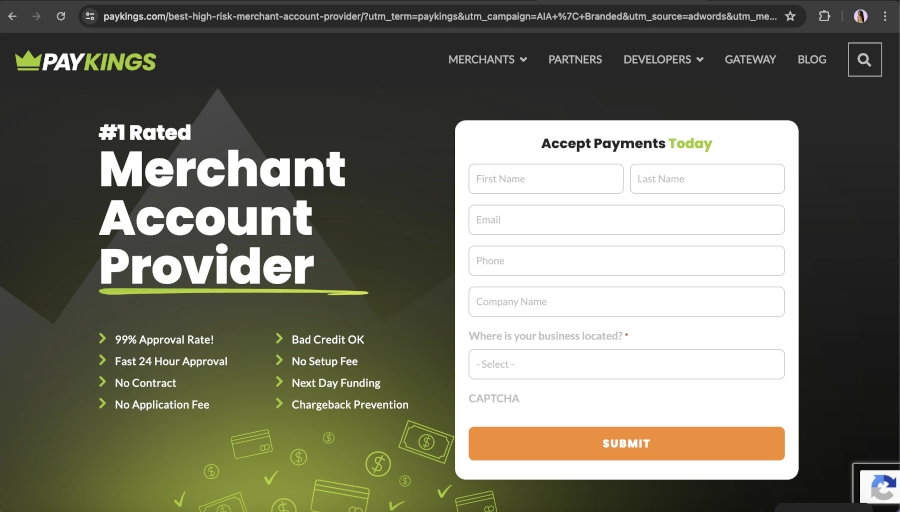 Screen Capture of PayKings Homepage