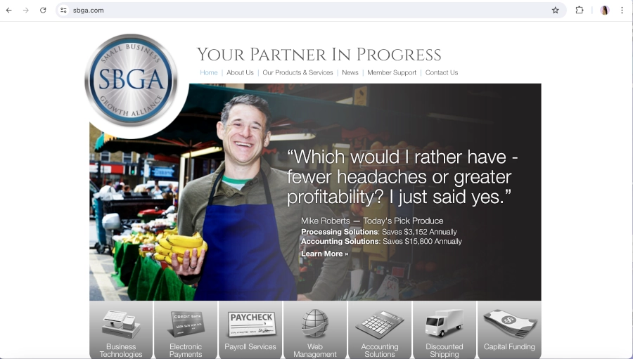 Screen Capture of Small Business Growth Alliance Homepage