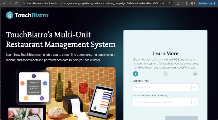 Screen Capture of TouchBistro Homepage