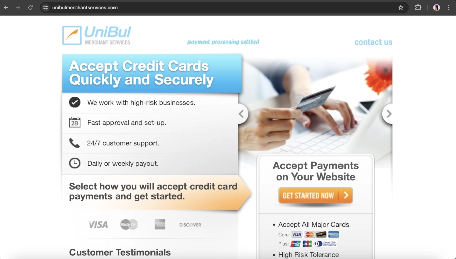 Screen Capture of UniBul Merchant Services Homepage