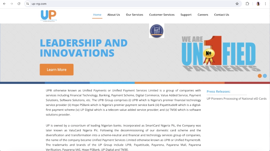 Screen Capture of Unified Payments Homepage