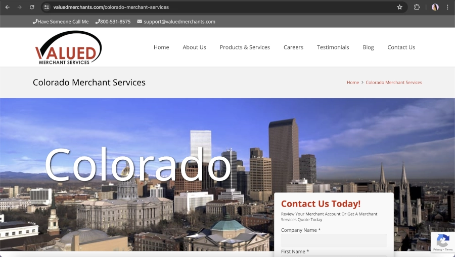 Screen Capture of Values Merchant Services Homepage