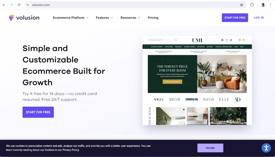 Screen Capture of Volusion Homepage