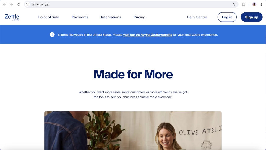 Screen Capture of Zettle Homepage