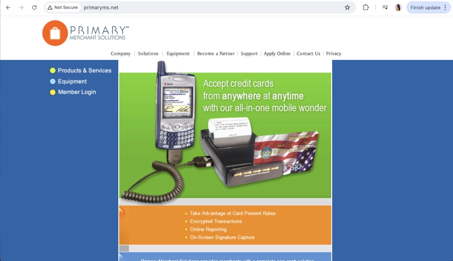 Screen Capture of Primary Merchant Solutions Homepage