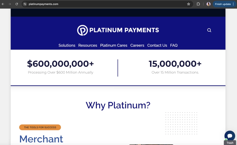 Screen Capture of Platinum Payments Homepage