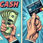 a depiction of two hands with one holding cash and the other holding a credit card