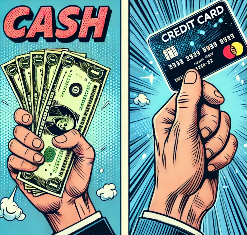 a depiction of two hands with one holding cash and the other holding a credit card