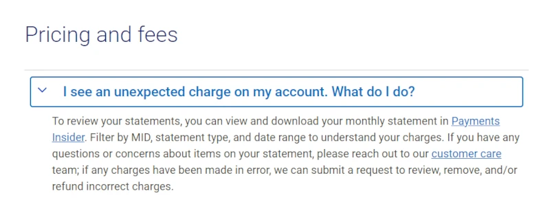 a screenshot from elavons website with instructions on how to deal with unexpected fee