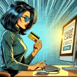 a woman sitting at a computer holding a credit card and preparing to make an online purchase