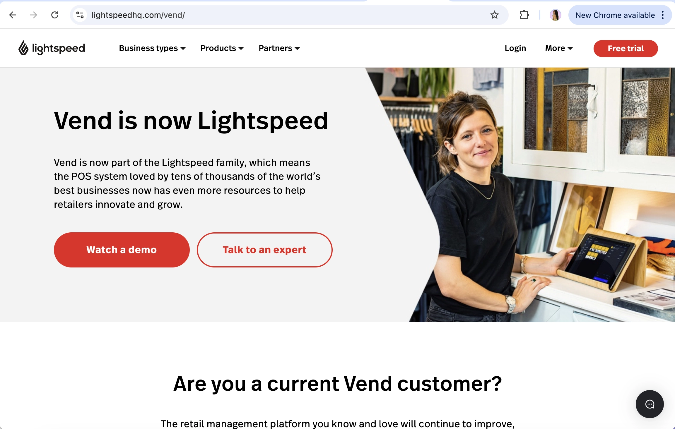 Screen Capture of Vend Homepage