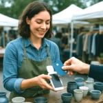 business owner taking a mobile payment at a flea market
