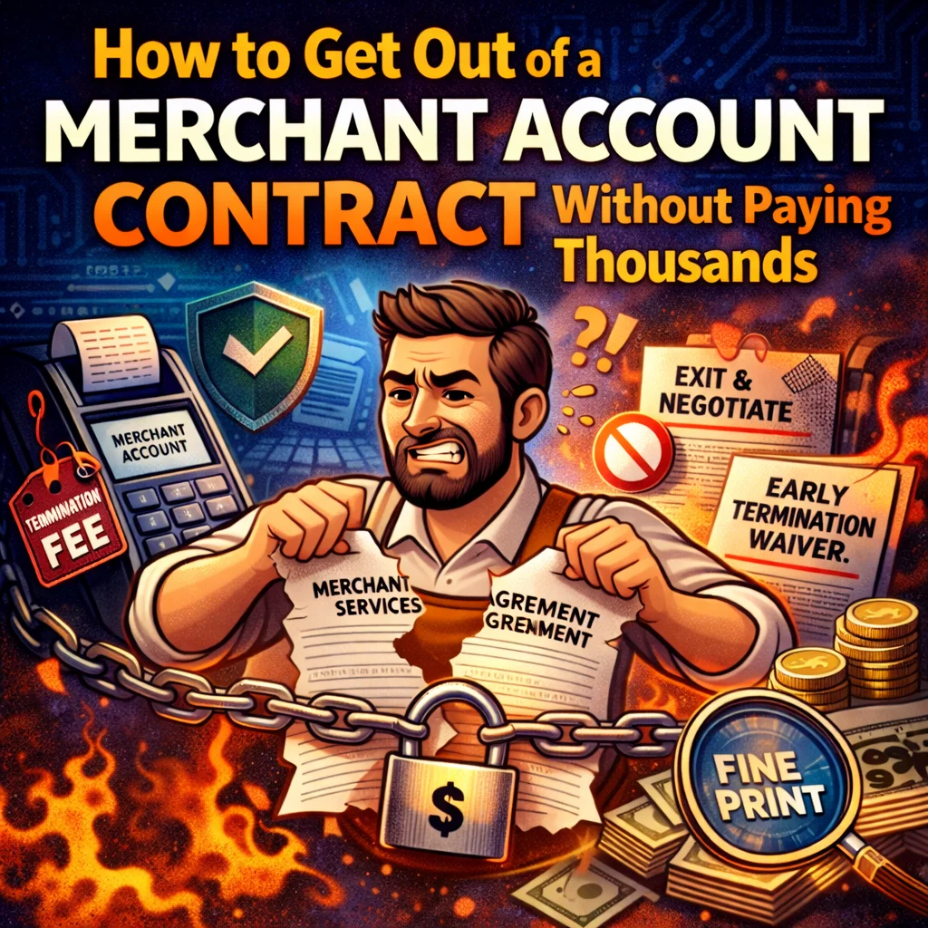 cartoon male business owner ripping up a merchant account agreement