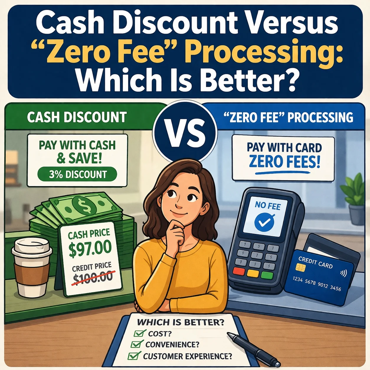a graphic depicting a customer choosing between paying with cash or by credit card