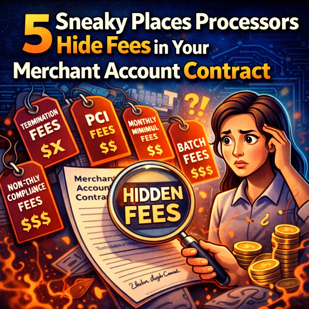 a cartoon female business owner looking frustrated about hidden merchant account fees