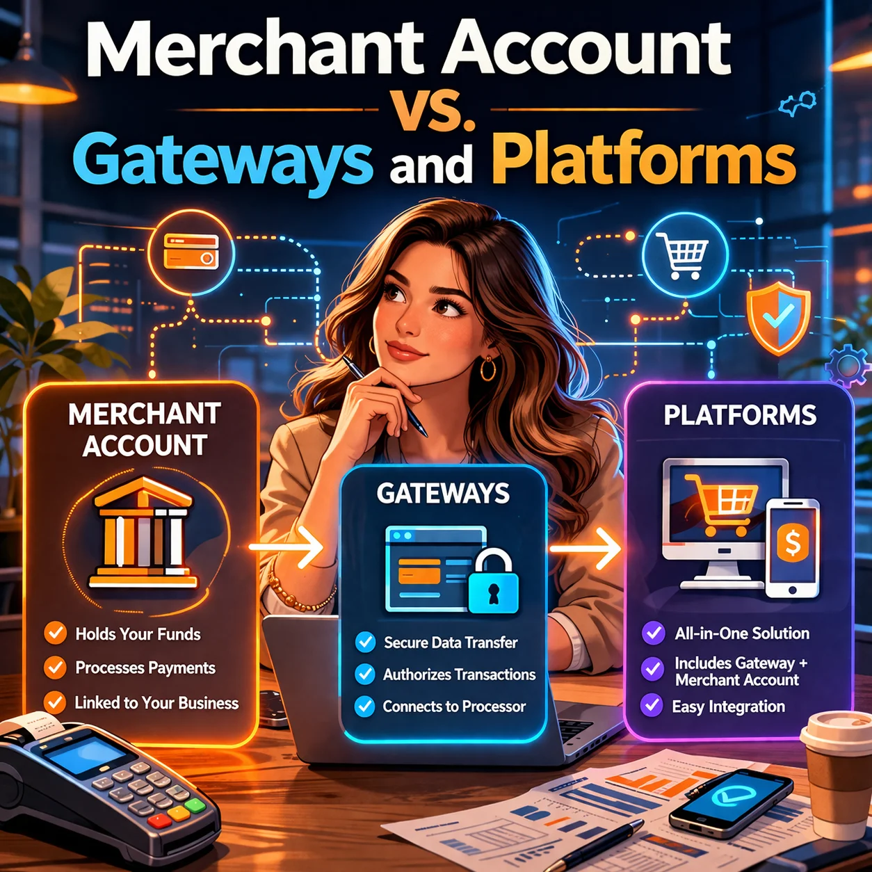 graphic of a female business owner considering different card acceptance options