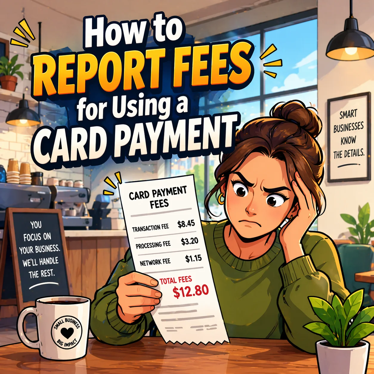 a cartoon image of a woman annoyed with a surcharge on her receipt at a coffee shop